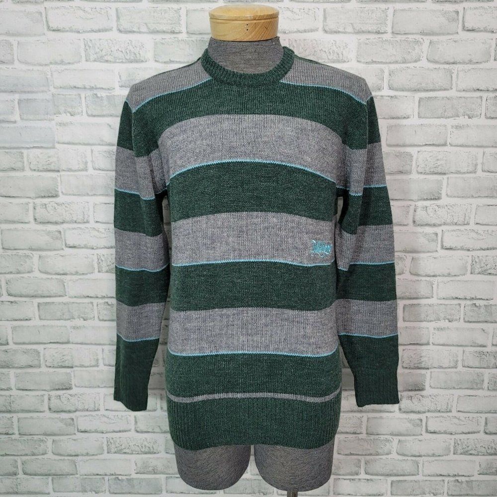Billabong Mens‎ M Crew Neck Wool Blend Pullover Sweater Gray Green Striped Surf